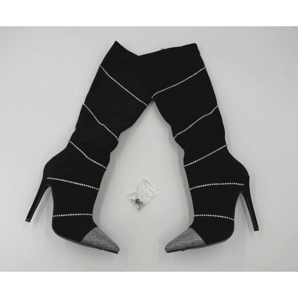 Lauren Lorraine Womens Boots Beyonce Black Rhinestones Knee Size 6.5 Statement - Picture 1 of 11